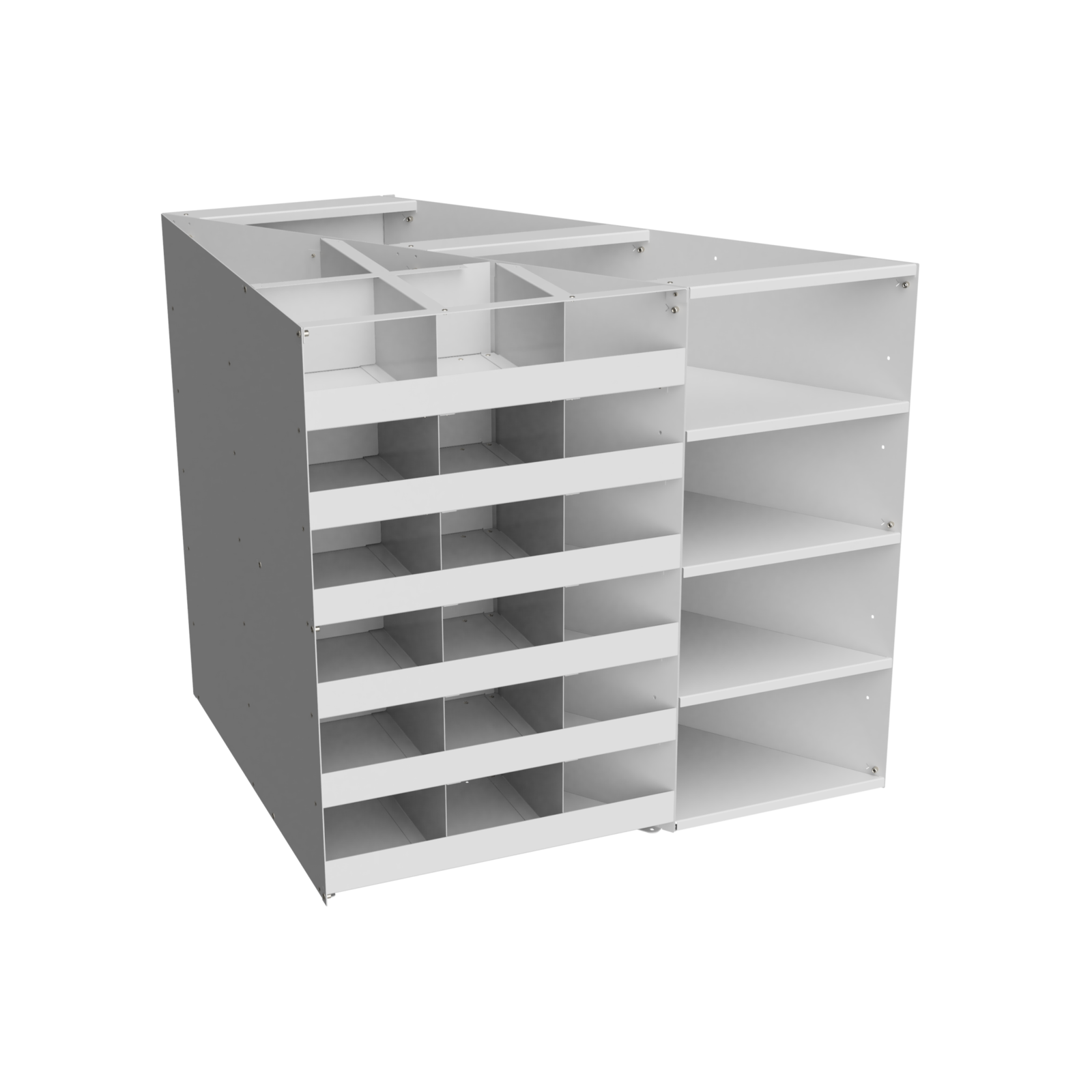 Render of the stairs parts display: a white in-rack unit combining pigeon-hole compartments with open shelving
