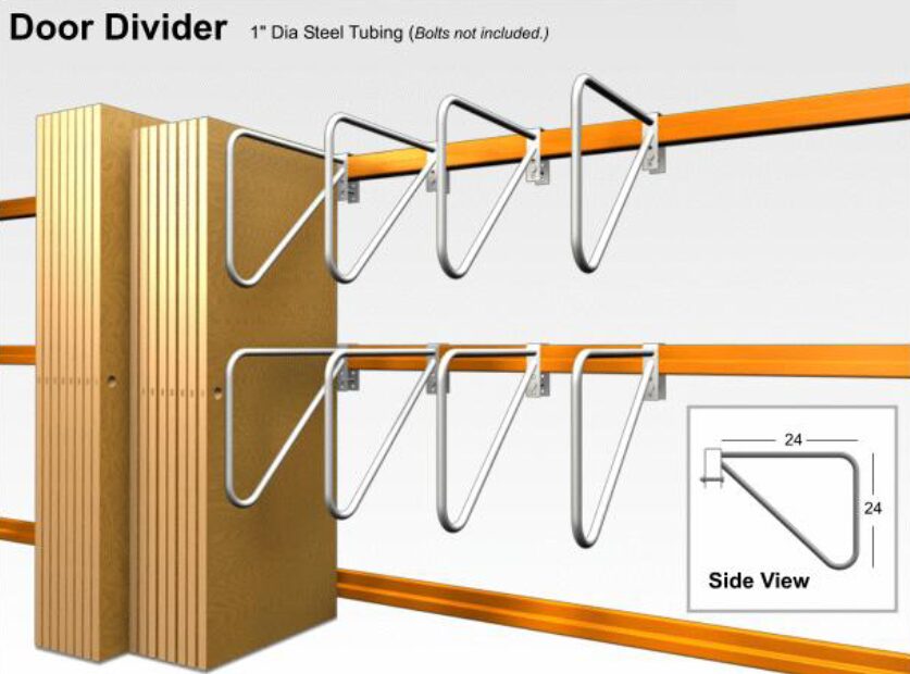 Diagram of Door Dividers bolted along rack beams to hold doors and sheeted products upright, with a side view dimensioned 24 by 24 inches
