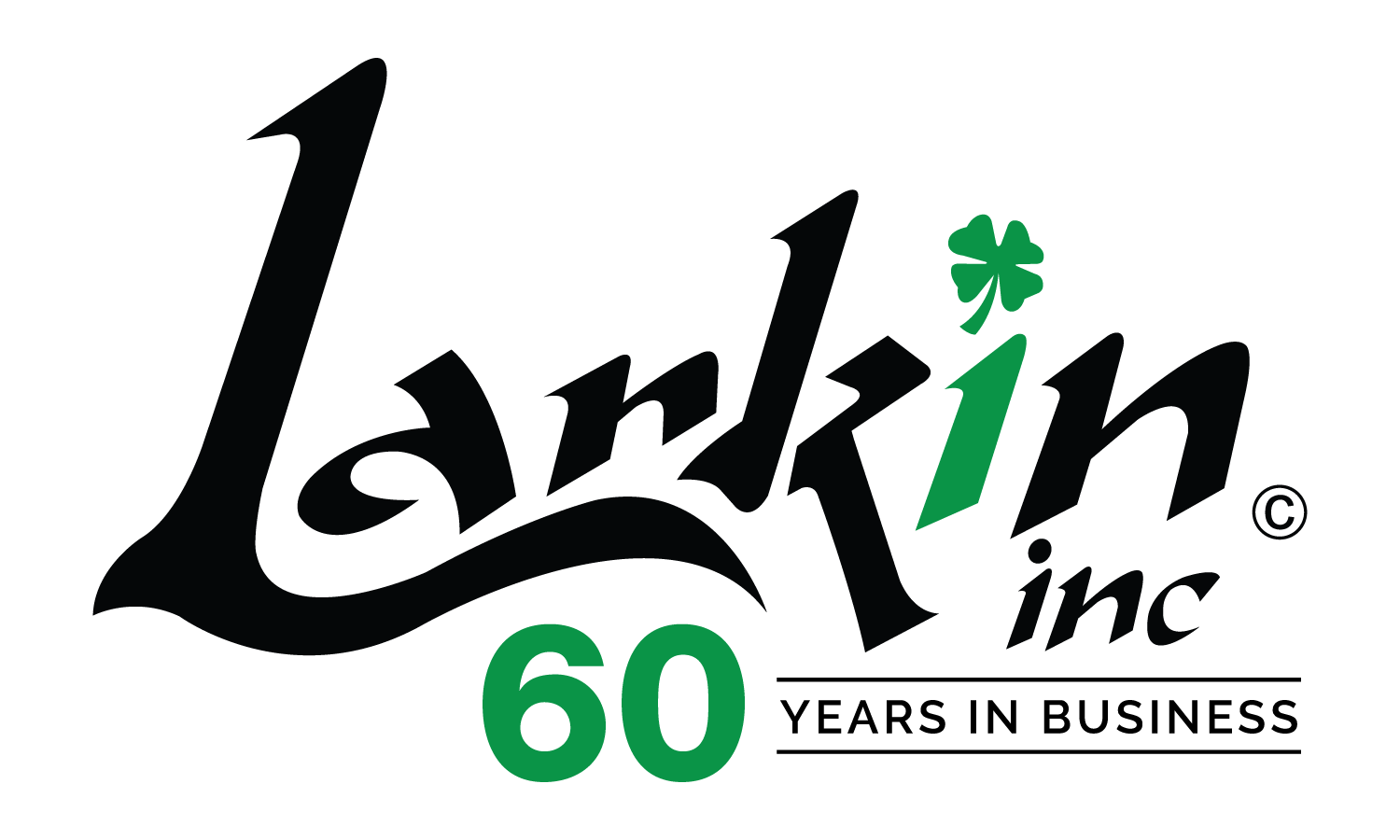 Larkin Inc. script wordmark with a green shamrock over the i, above the line 60 Years In Business