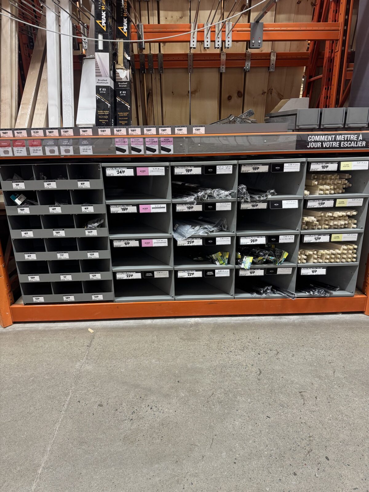 The full run of the display in store, every compartment priced and stocked with spindles, brackets and fasteners