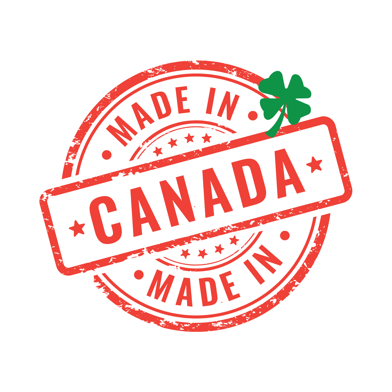 Red Made in Canada stamp with the green Larkin shamrock