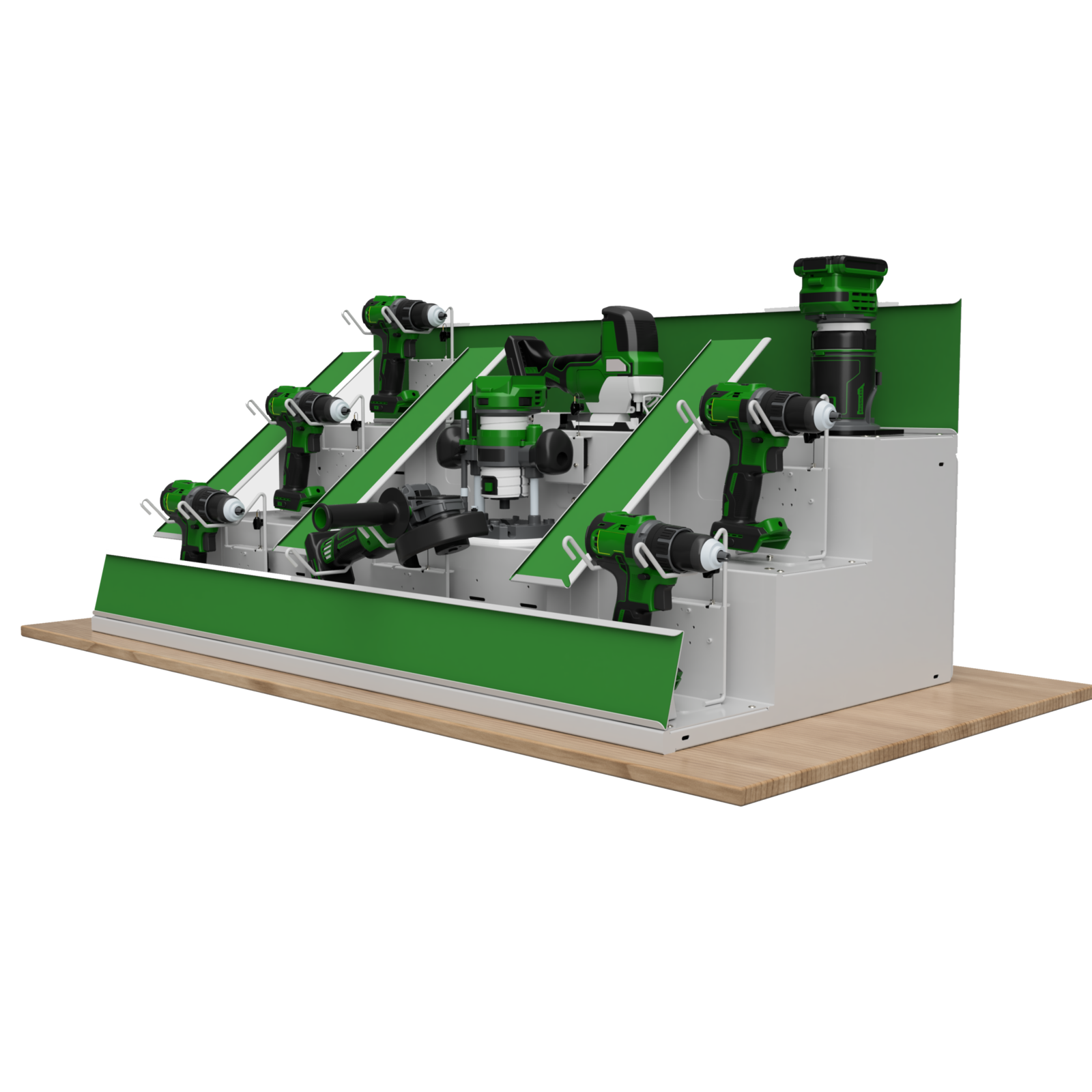 Render of the power tool display: two stepped bays with green header panels and angled decks of cordless tools