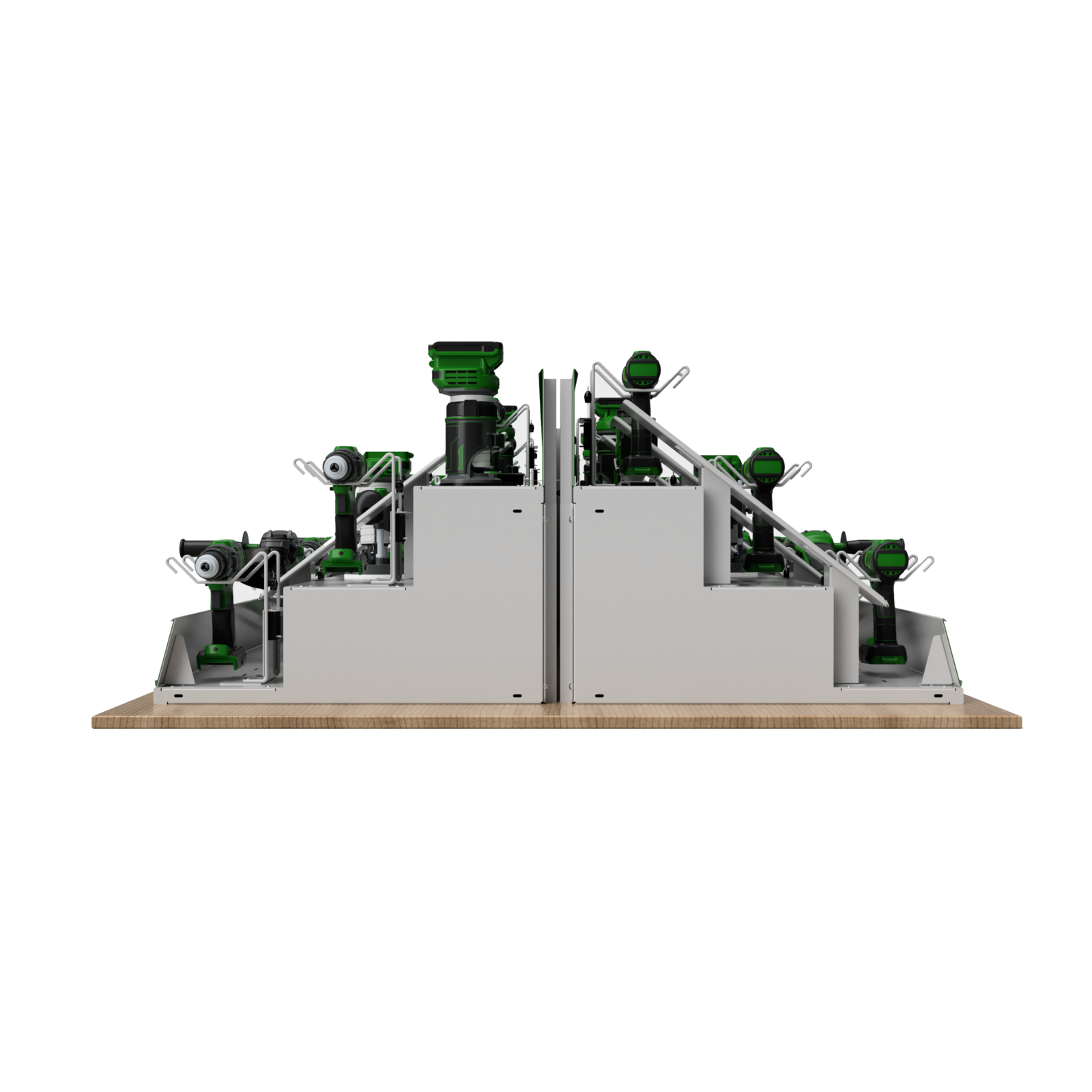 End-on render of the two display bays set back to back on their base