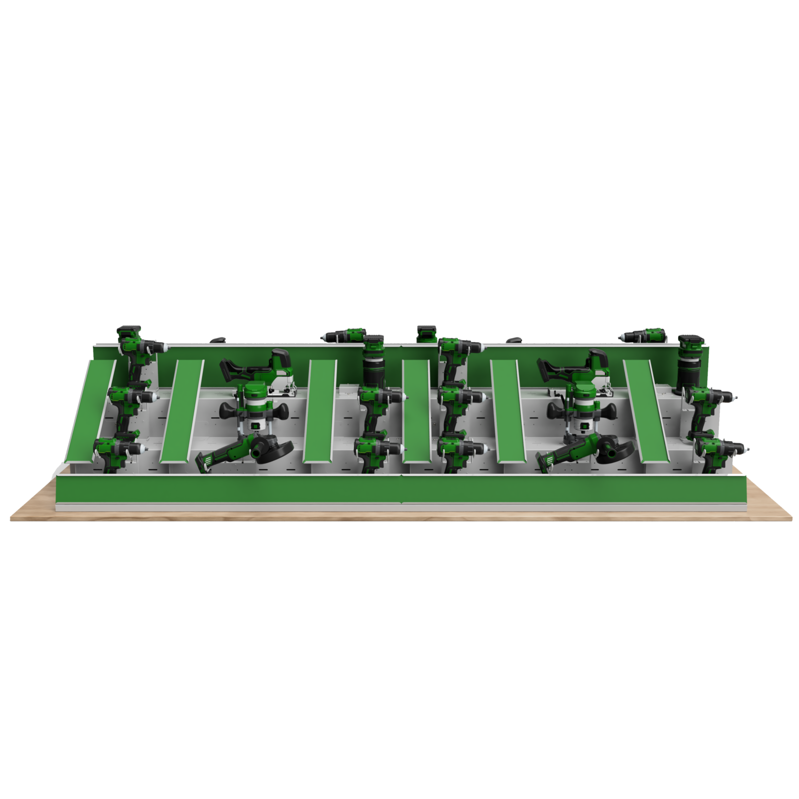 Front elevation render of the display, tools angled forward along green-striped decks