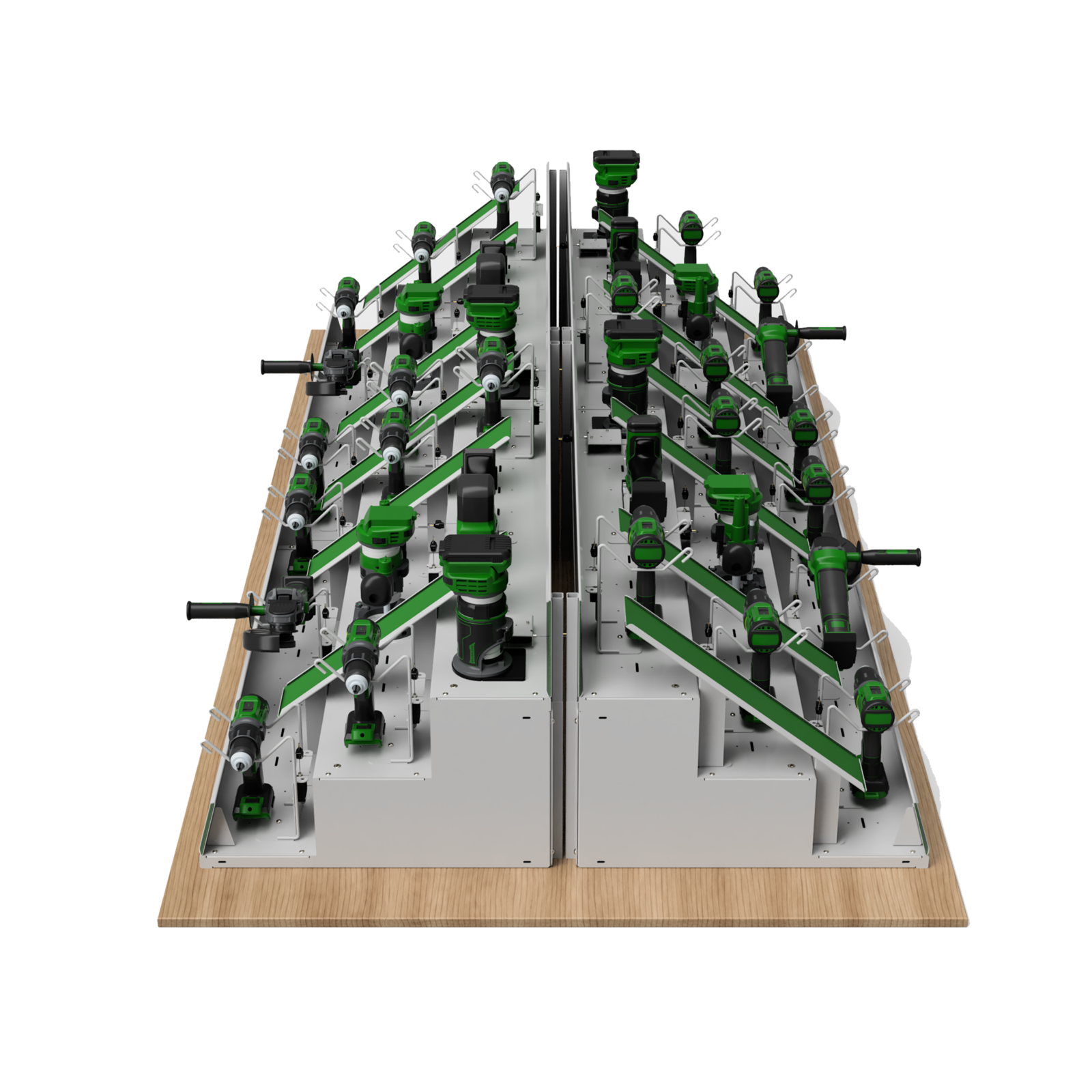 Overhead render of the double-sided display fully stocked with cordless tools