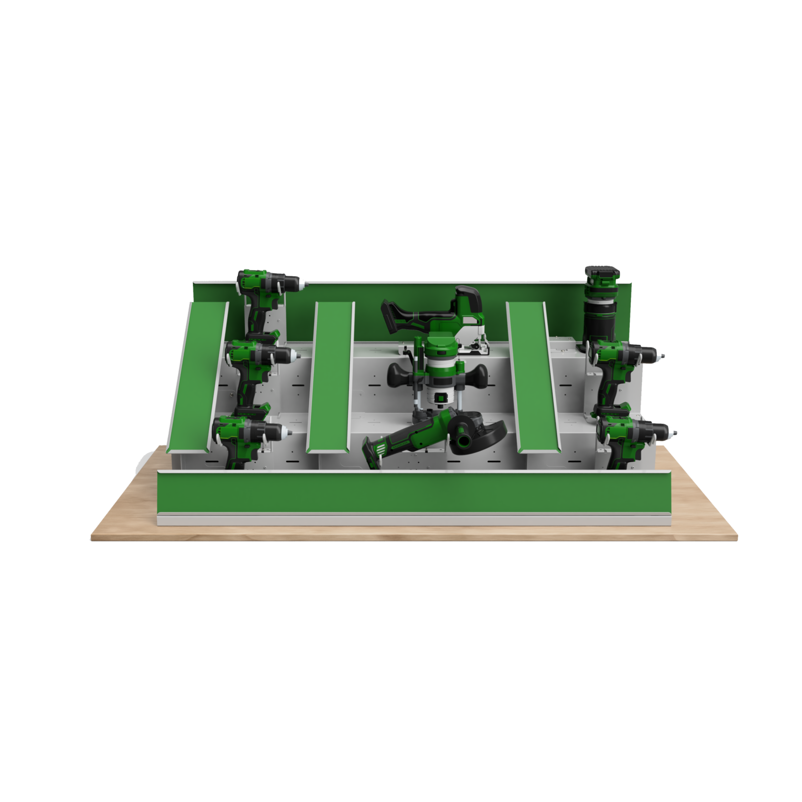 Render of a single display bay, tools mounted on angled arms above the green fascia
