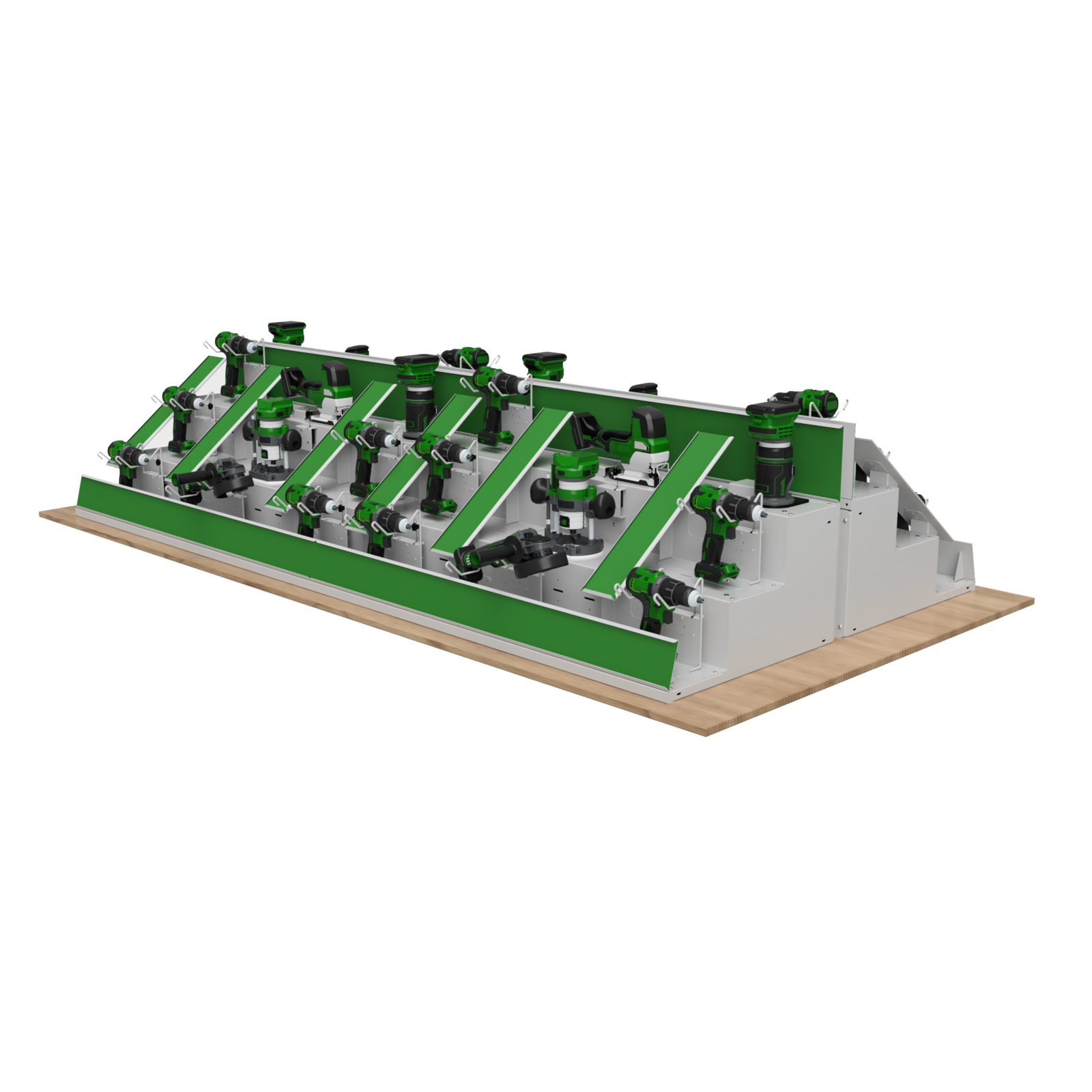Three-quarter render of a long single-sided run of the power tool display