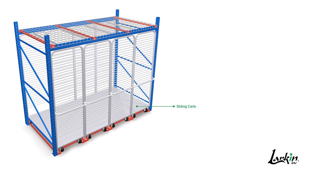 Empty Versa Cart sliding carts stowed in a rack bay, labelled Sliding Carts