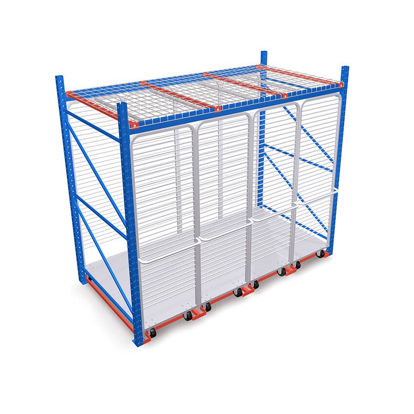 Versa Cart: two wheeled white steel carts loaded into the base of a blue pallet rack bay