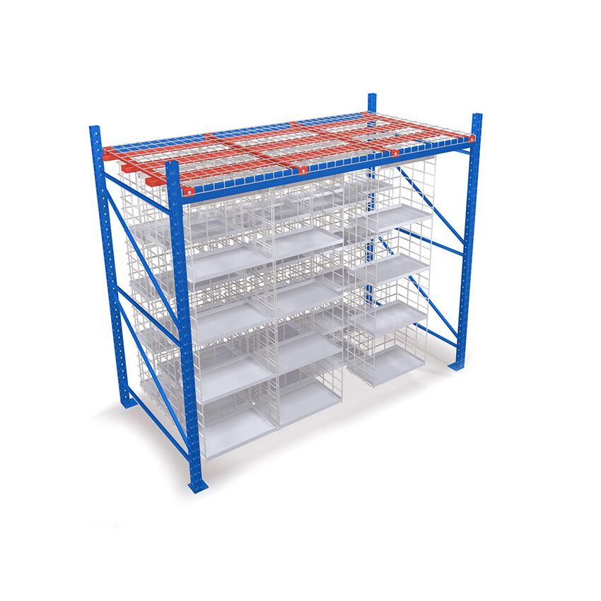 Versa Rail: a blue pallet rack bay fitted with white steel rails carrying wire shelves and dividers