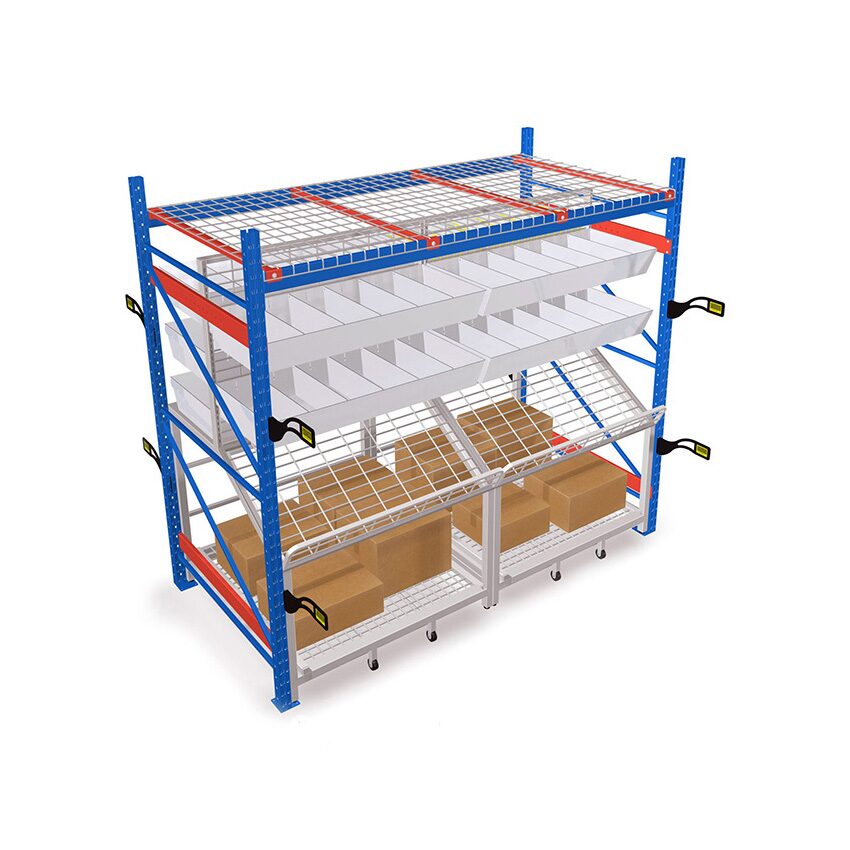 Versa Shelf: sloped white pick shelves and cartons stacked in a blue pallet rack under red wire decking