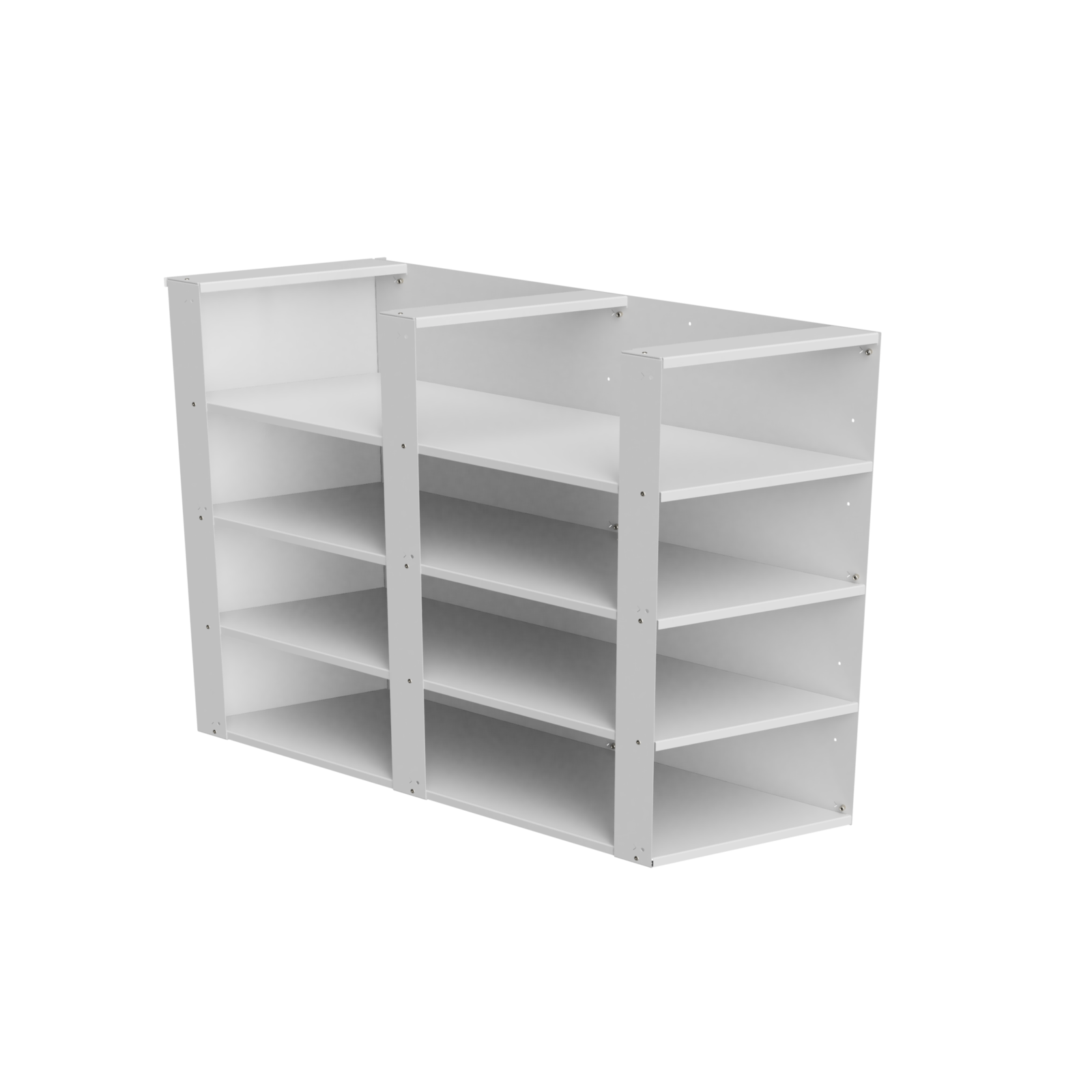 Render of the right-hand module seen from behind, showing three bays of open shelves