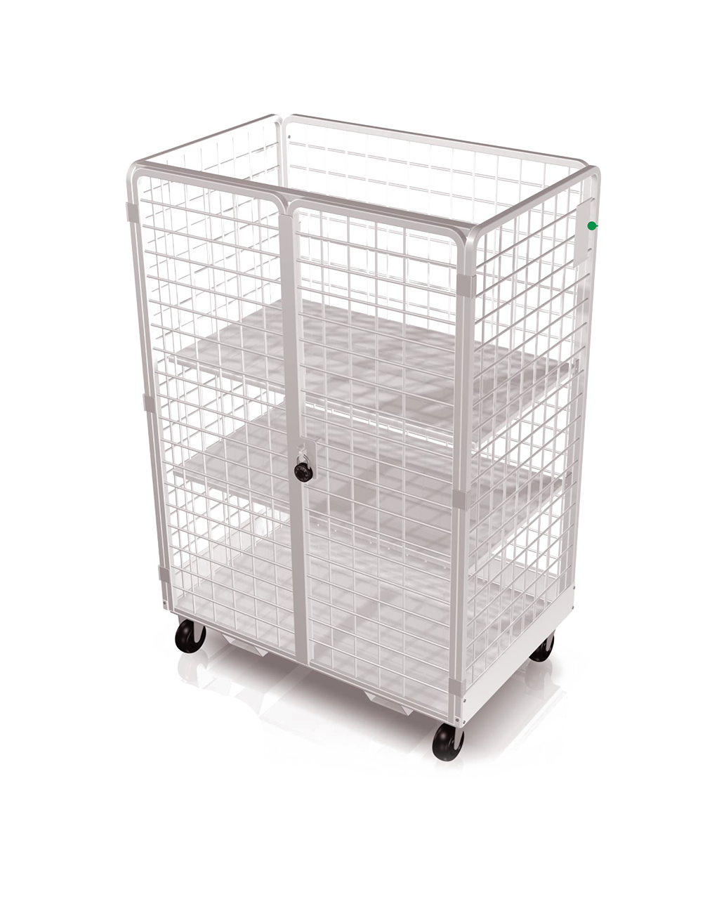 Versa Security Transport Cart: a wheeled white wire cage with two shelves and a locking mesh door