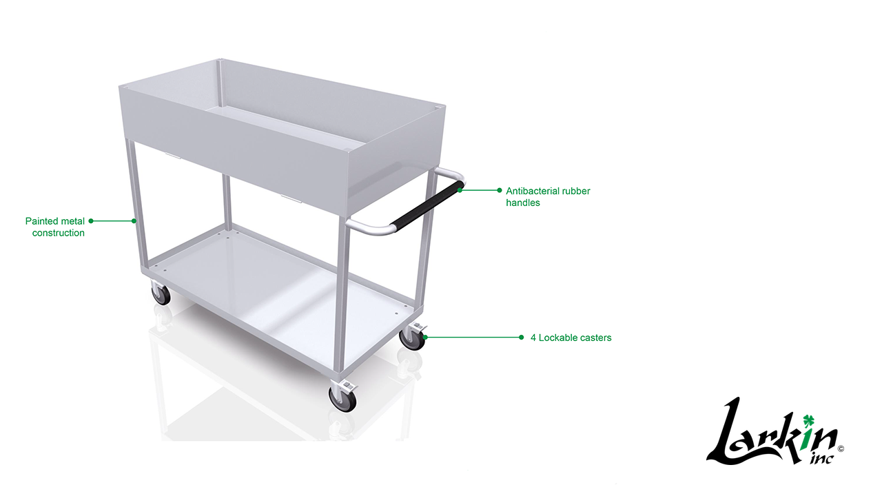 Versa Packing Cart labelled with its painted metal construction, antibacterial rubber handles and four lockable casters