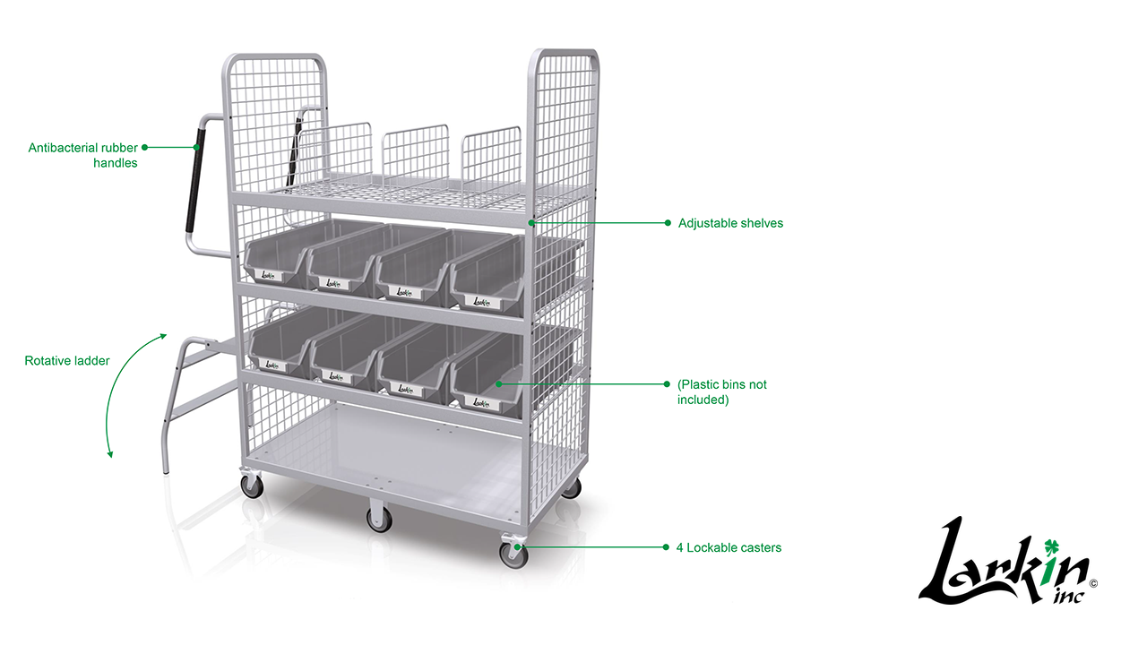 Versa Picking Cart loaded with plastic bins, labelled with its adjustable shelves, rotative ladder and four lockable casters