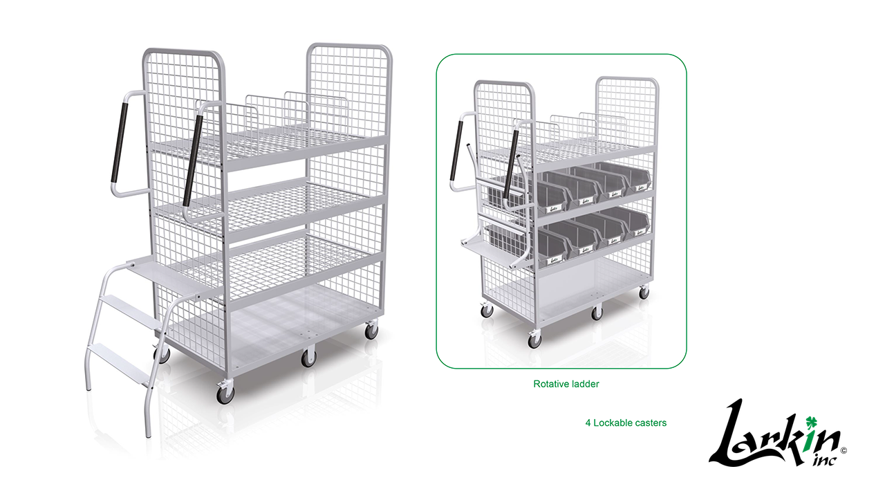 Two views of the Versa Picking Cart, empty and loaded with bins, with the rotative ladder folded out
