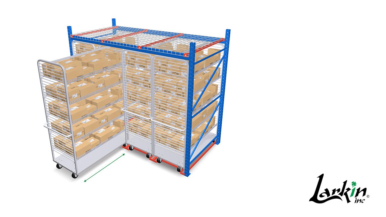 A Versa Cart loaded with cartons pulled clear of the rack for picking while the other carts stay in place