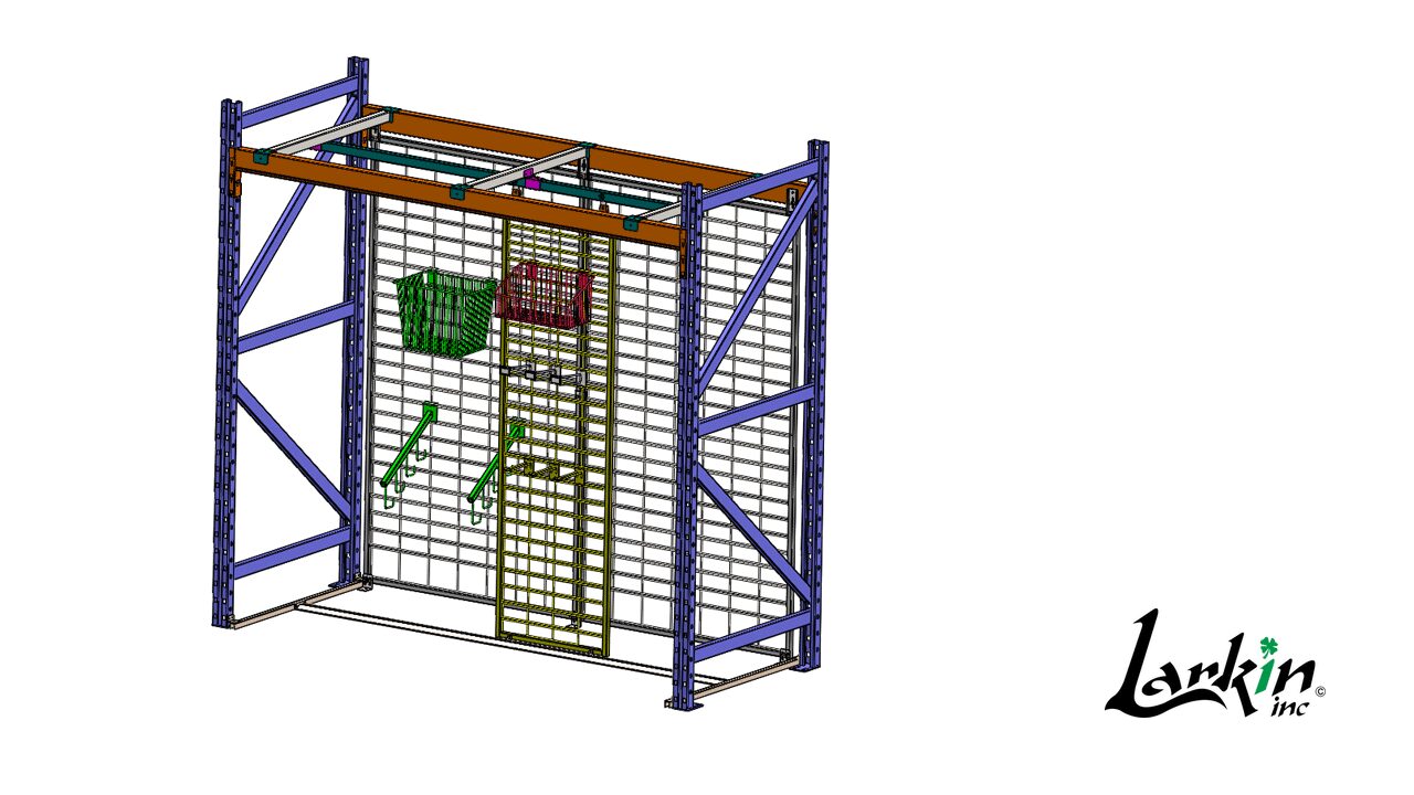 Versa Rail Grid bay seen from the front, with grid panels, arm hooks and wire baskets on the guided track