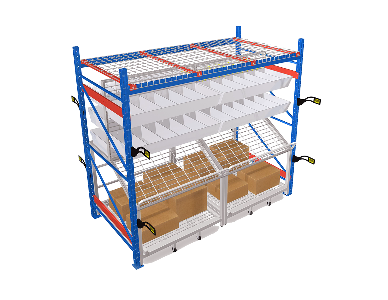 Versa Shelf in a blue pallet rack bay, with sloped pick shelves above cartons on the lower deck