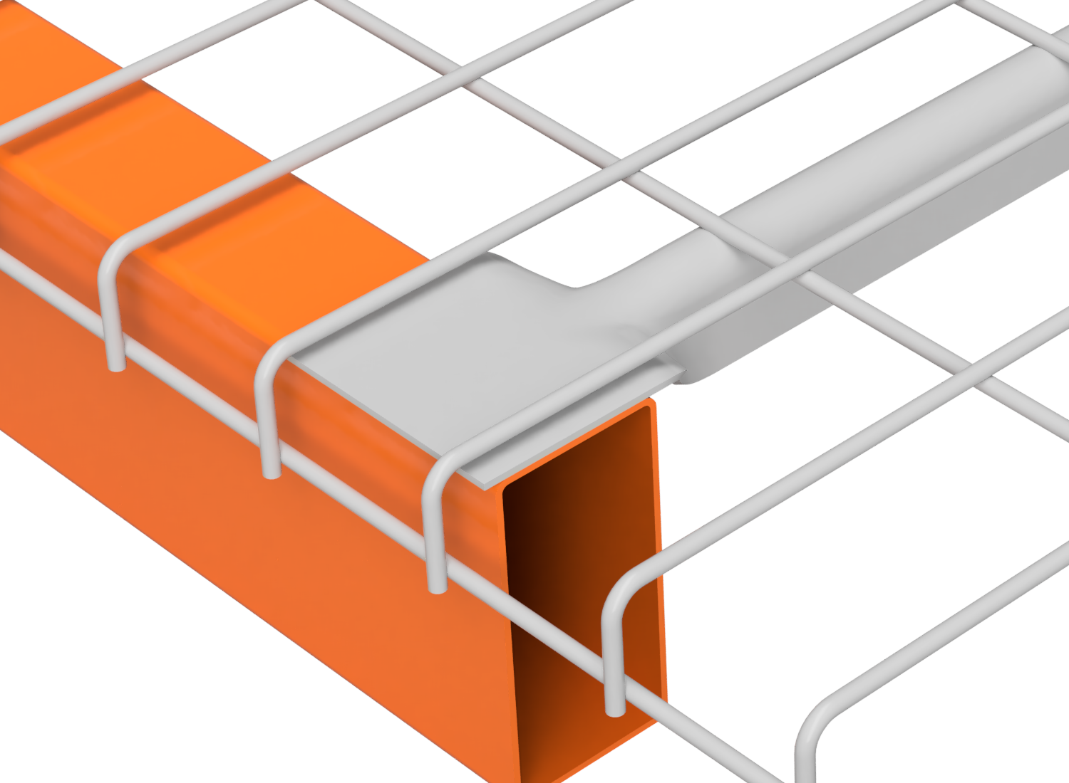 Universal waterfall wire decking with the flared channel inverted over an orange box beam