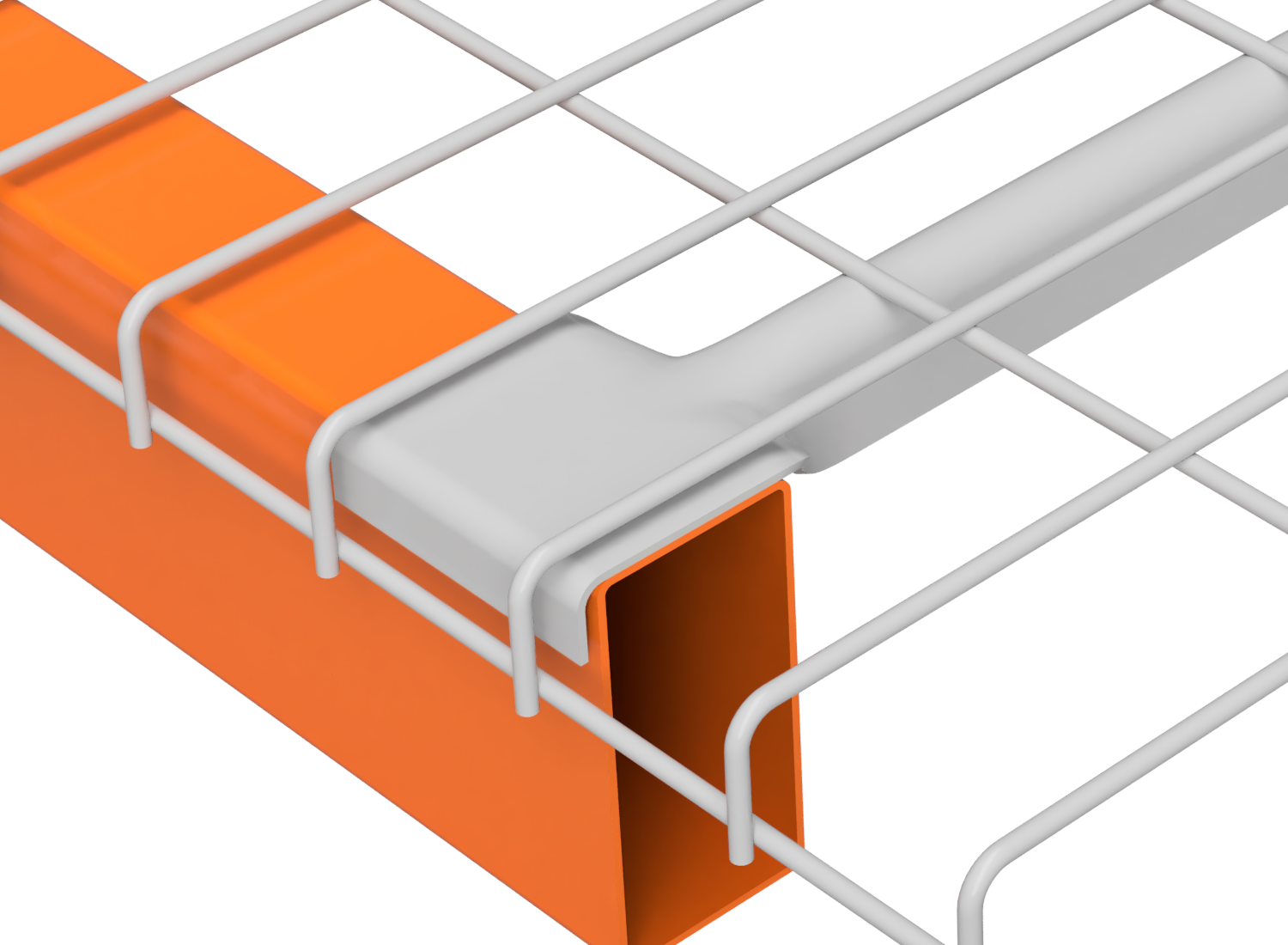 Heavy-duty Universal waterfall wire decking with the channel inverted over an orange box beam
