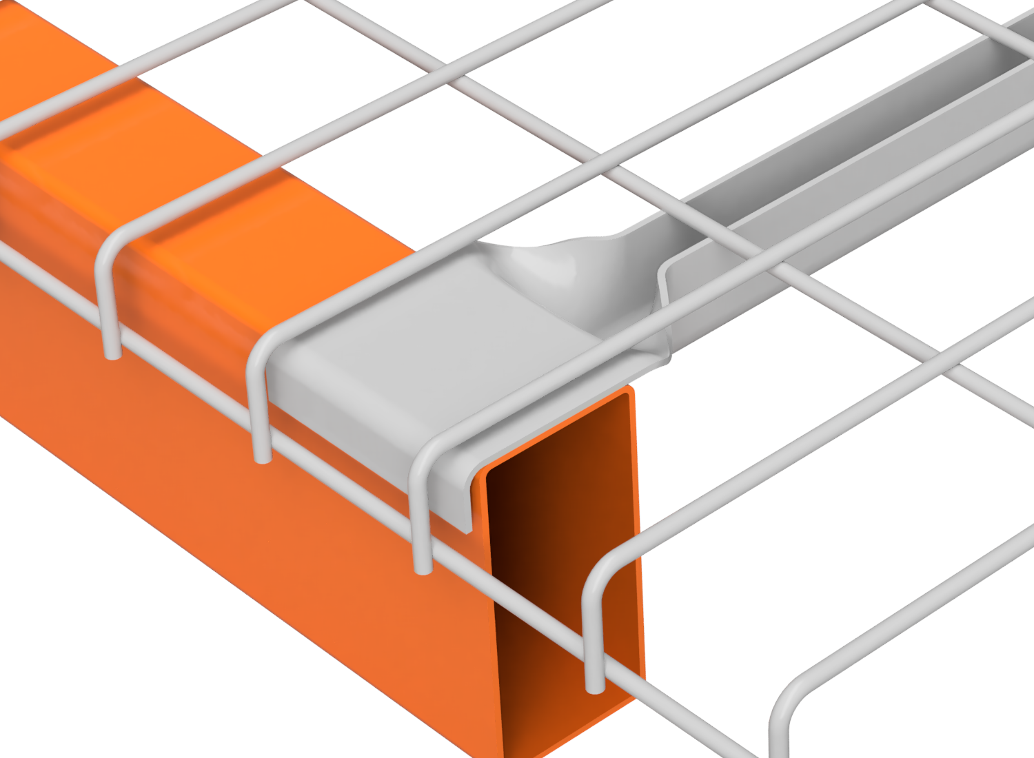 Heavy-duty Universal waterfall wire decking channel resting on top of an orange box beam