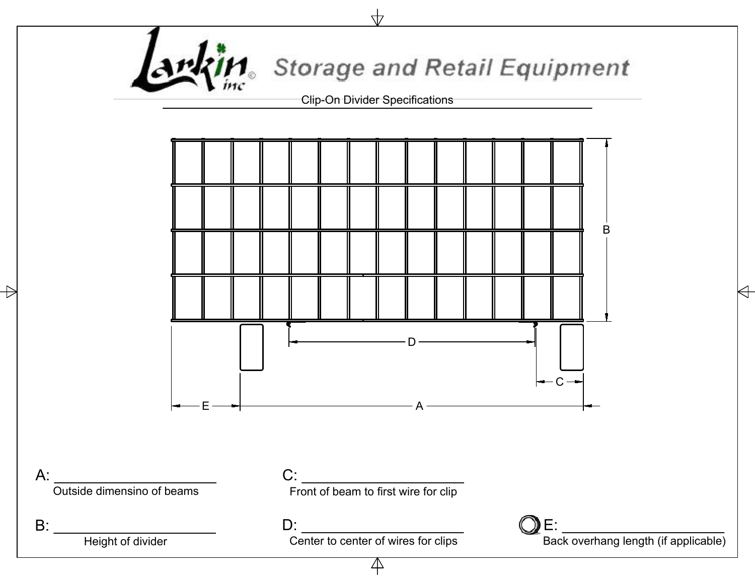 Clip-On Divider Specifications: a dimensioned drawing of a wire divider with its clips, lettered A to E