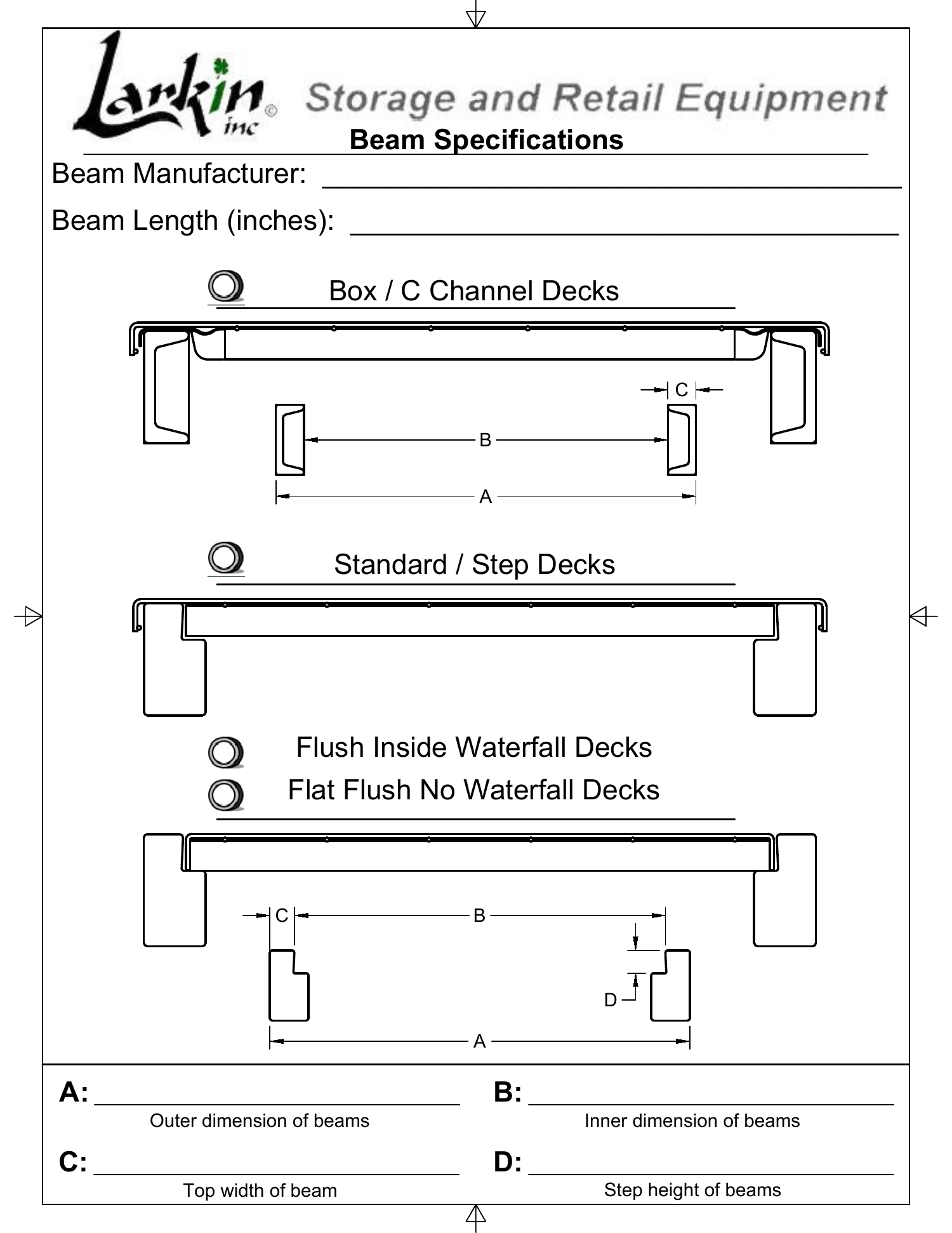 Grid Beam Specifications: a form with the beam types (box or C channel, standard or step, flush) and the measurements A to D to fill in
