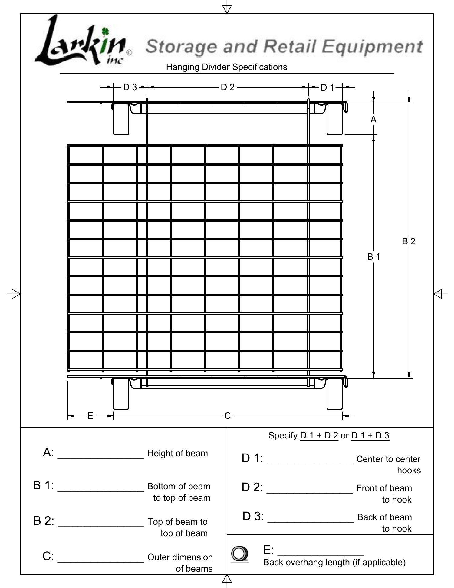 Hanging Divider Specifications: a dimensioned drawing of a hanging wire divider with the measurements A to E and D1 to D3